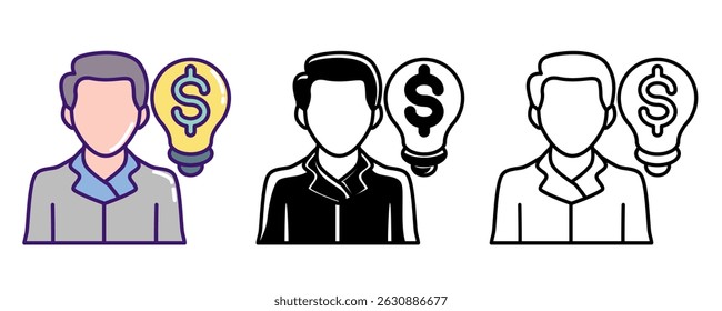 Entrepreneurship icon represented by Entrepreneur, bulb, money Line, Filled, Color style.
