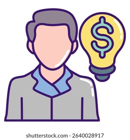 Entrepreneurship icon represented by Entrepreneur, bulb, money Lineal Color style.