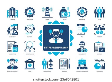 Entrepreneurship icon set. Leadership, Profit, Competitor Analysis, Reputation, Vision, Investors, Innovation, Business. Duotone color solid icons