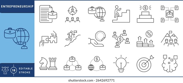 Conjunto de ícones de empreendedorismo. 18 ícones de linha. Traçado editável de vetor. Negócios, ideia, crescimento, lucro, ambição, dinheiro, solução, meta.