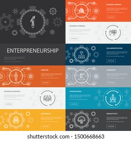 Entrepreneurship Infographic 10 line icons banners.Investor, Partnership, Leadership, Team building simple icons1