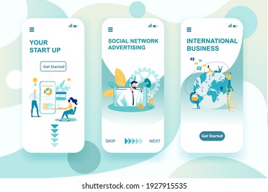 Entrepreneurship Mobile Web Pages Vector Template. Startup Team Smartphone Website Interface Idea. Business Partnership, Collaboration. International Cooperation Webpage Walkthrough Step Screens