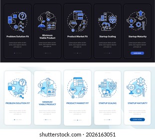 Entrepreneurship onboarding mobile app page screen. Business launch walkthrough 5 steps graphic instructions with concepts. UI, UX, GUI vector template with linear night and day mode illustrations