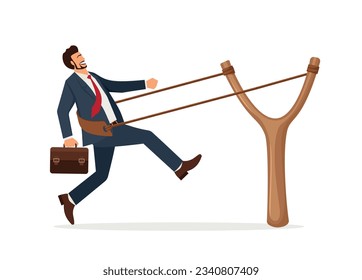 Entrepreneurship ready to launch new project or work improvement, boost career development, speed up business growth concept, brave businessman pull rubber band ready to launch slingshot flight.