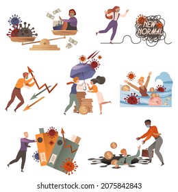 Entrepreneurship resisting of losing profits and overcoming crisis caused by Coronavirus pandemic set vector illustration