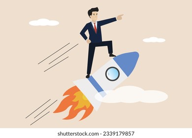 Entrepreneurship, startup vision or empowerment, leadership goes beyond the reach of business success, the businessman rides a rocket to the highest peak of his career.