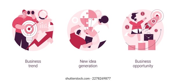 Entrepreneurship success abstract concept vector illustration set. Business trend, new idea generation, business opportunity, marketing strategy, creative thinking, startup launch abstract metaphor.