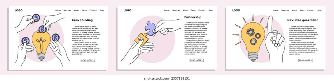 Entrepreneurship and teamwork cooperation web banner. Flat set landing page of crowdfunding, new idea generation and partnership with light bulb, money donations, puzzle connection or solving problems