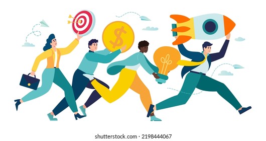 entrepreneurship teamwork on start up project startup. people run rocket ,investments ,ideas new project launch metaphor. company launches new acceleration product start. vector illustration teamwork