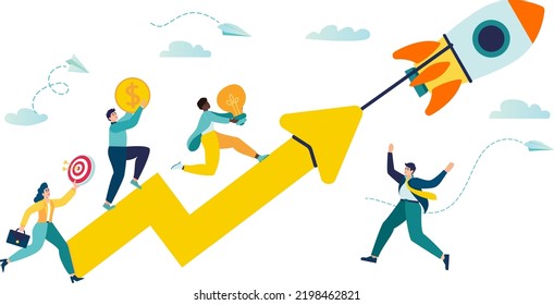 entrepreneurship teamwork on start up project startup. people run rocket ,investments ,ideas new project launch metaphor. company launches new acceleration product start. vector illustration teamwork