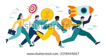 entrepreneurship teamwork on start up project startup. people run rocket ,investments ,ideas new project launch metaphor. company launches new acceleration product start. vector illustration teamwork