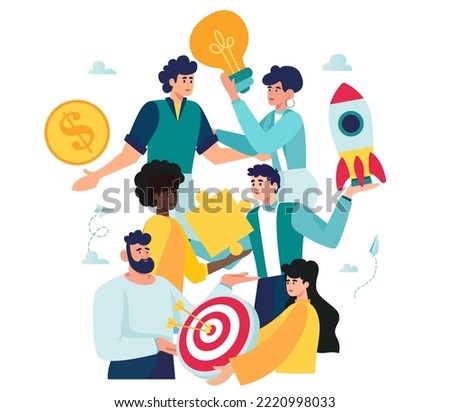 entrepreneurship teamwork on start up project startup. people run rocket ,investments ,ideas new project launch metaphor. company launches new acceleration product start. vector illustration teamwork
