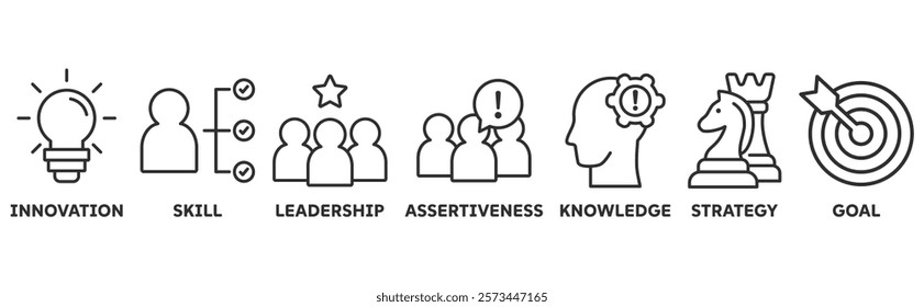 Entreprenuer icon set illustration concept with icon of innovation, skill, leadership, assertiveness, knowledge, strategy, goal	
