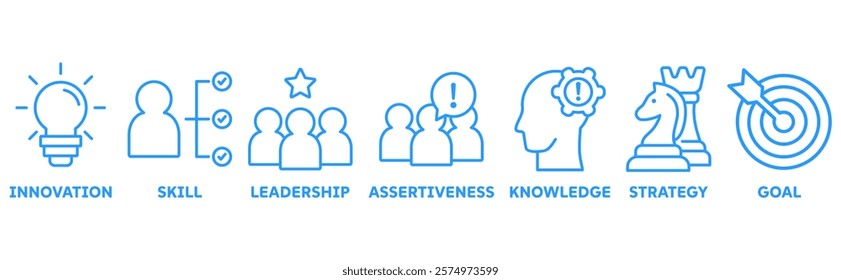 Entreprenuer icon set illustration concept with icon of innovation, skill, leadership, assertiveness, knowledge, strategy, goal	
