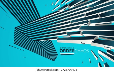 Entropy concept vector abstract background with debris flying in chaos, destruction theme wallpaper, exploded pieces disorder 3D design