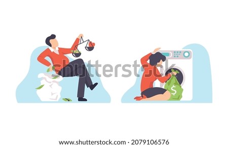 Entrusted People Character Engaged in Corruption Gaining Dishonest Money Hiding Them in Washing Machine Vector Set