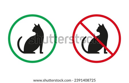 Entry with Cat Sign. Kitten Sitting Silhouette Icons Set. Pet Allowed, Animal Prohibited Symbols. Walk with Pussycat Rule. Isolated Vector Illustration.
