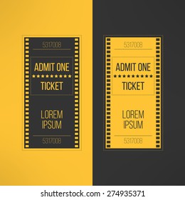 Entry cinema ticket in film footage style. Admit one movie event invitation. Pass icon for online tickets booking. Vector illustration