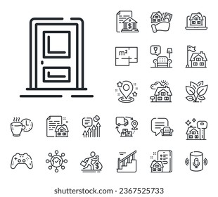 Entry door sign. Floor plan, stairs and lounge room outline icons. Entrance line icon. Building exit symbol. Entrance line sign. House mortgage, sell building icon. Real estate. Vector