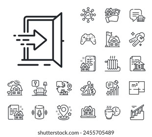 Entry door sign. Floor plan, stairs and lounge room outline icons. Entrance line icon. Building exit symbol. Entrance line sign. House mortgage, sell building icon. Real estate. Vector