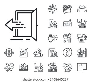 Entry door sign. Floor plan, stairs and lounge room outline icons. Entrance line icon. Building exit symbol. Entrance line sign. House mortgage, sell building icon. Real estate. Vector