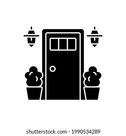 Entry doors black glyph icon. Increasing home curb appeal. Providing security and energy efficiency. Making first impression for guests. Silhouette symbol on white space. Vector isolated illustration