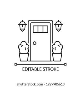 Entry doors linear icon. Increasing home curb appeal. Providing security and energy efficiency. Thin line customizable illustration. Contour symbol. Vector isolated outline drawing. Editable stroke