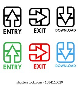 Entry, download and exit vector icons. Flat design