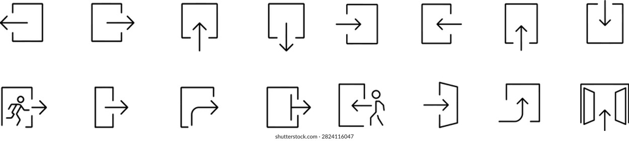 Entry and exit door outline icon set with simple black navigation symbols for wayfinding systems