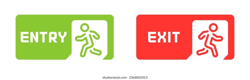 Entry and exit icons. Exit buttons. Evacuation icons. Flat style vector icons.