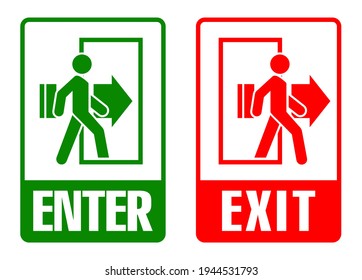 Entry and exit signs with a man silhouette. Vector pictograms