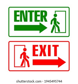 Entry and exit signs with a man silhouette. Vector pictograms