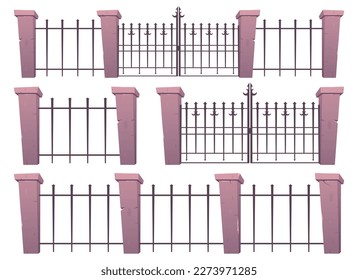 Entry gates and fence made from steel and concrete in cartoon style vector illustration