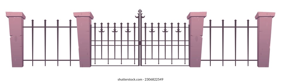 Entry gates and fence made from steel and concrete in cartoon style vector illustration