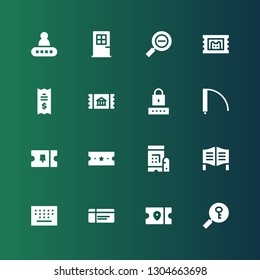 entry icon set. Collection of 16 filled entry icons included Password, Ticket, Keypad, Door, Restricted