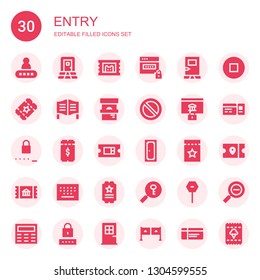 entry icon set. Collection of 30 filled entry icons included Password, Door, Ticket, Forbidden, Keypad, Stop, Restricted, Entrance