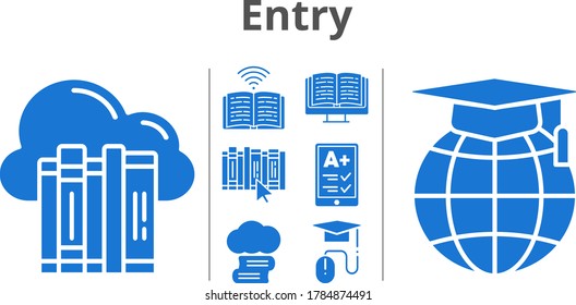 entry icon set. included cloud, cloud library, e-reader, e-book, school, book, e-learning icons. filled styles.