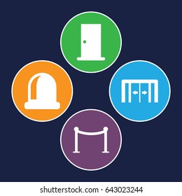 Entry icons set. set of 4 entry filled icons such as sliding doors, door, red carpet barrier