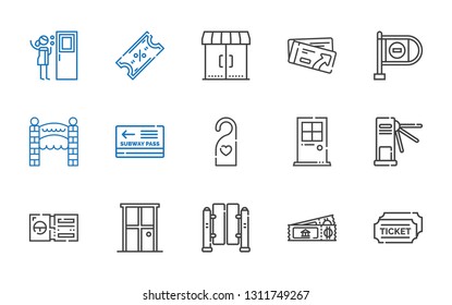 entry icons set. Collection of entry with tickets, ticket, turnstiles, door, doorknob, pass, entrance, wrong way, entrances. Editable and scalable entry icons.