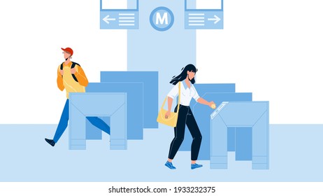 Entry Metro People Pass Through Turnstiles Vector. Man And Woman Passing Entry Metro Equipment For Control Direction Of Movement. Characters And Subway Security System Flat Cartoon Illustration