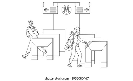 Entry Metro People Pass Through Turnstiles Black Line Pencil Drawing Vector. Man And Woman Passing Entry Metro Equipment For Control Direction Of Movement. Characters And Subway Security System 