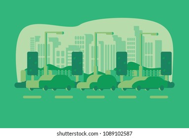 Entry on city park. Cars, tree, lighting post and fence. Monochrome color city background. Vector illustration.