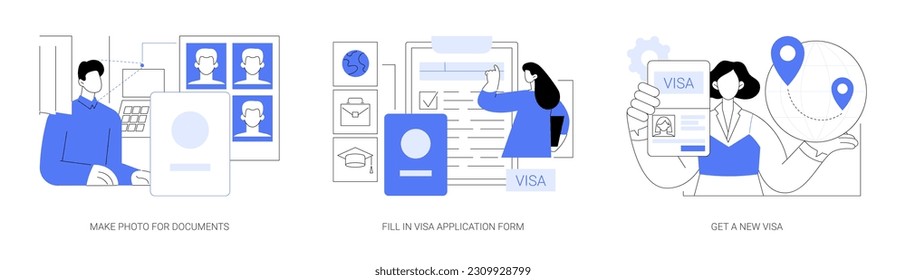 Entry permission abstract concept vector illustration set. Make photo for documents, fill in working visa application form, get a new visa, ID card, government services abstract metaphor.