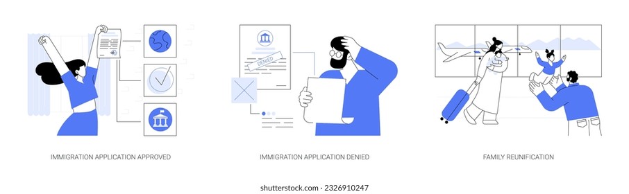 Entry permission abstract concept vector illustration set. Immigration application approved, application denied, family reunification, embassy officer, government services abstract metaphor.