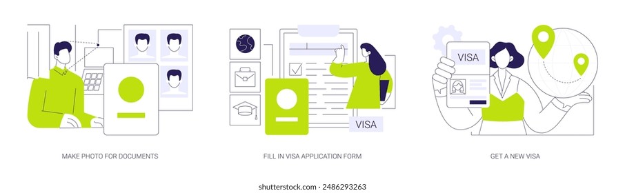 Entry permission abstract concept vector illustration set. Make photo for documents, fill in working visa application form, get a new visa, ID card, government services abstract metaphor.