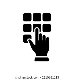 Entry Pin Code on Keyboard Silhouette Icon. Hand Enter Password on Dial Keypad Glyph Pictogram. Security Bank Key Number on ATM Finger Press Button. Secret Combination. Isolated Vector Illustration.