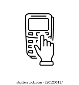 Entry Pin Code on Terminal Keyboard Outline Icon. Hand Enter Password on Pos for Payment Line Icon. Security Bank Key Number for Pay Linear Pictogram. Editable Stroke. Isolated Vector Illustration.