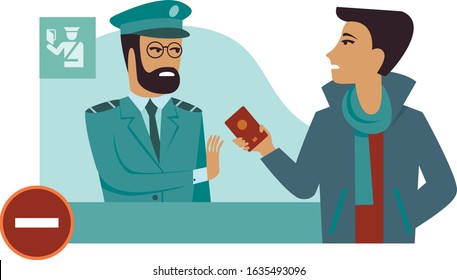 Entry is prohibited. Border control counter concept, immigration officer checking passport flat vector illustration cartoon character