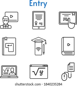 conjunto de entradas. tablet, profesor, profesor, smartphone, ebook, maths, touchscreen, enter, click iconos incluidos. estilos lineales.