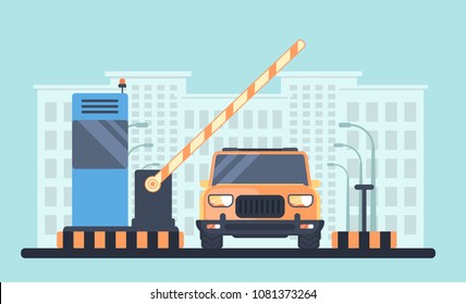 Entry through the barrier which is raised to pass the car. Toll gate with reception booth. Checkpoint to residential area. Vector flat illustration. City on background.